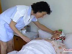 Fat granny seduces a nurse into having sex close by her